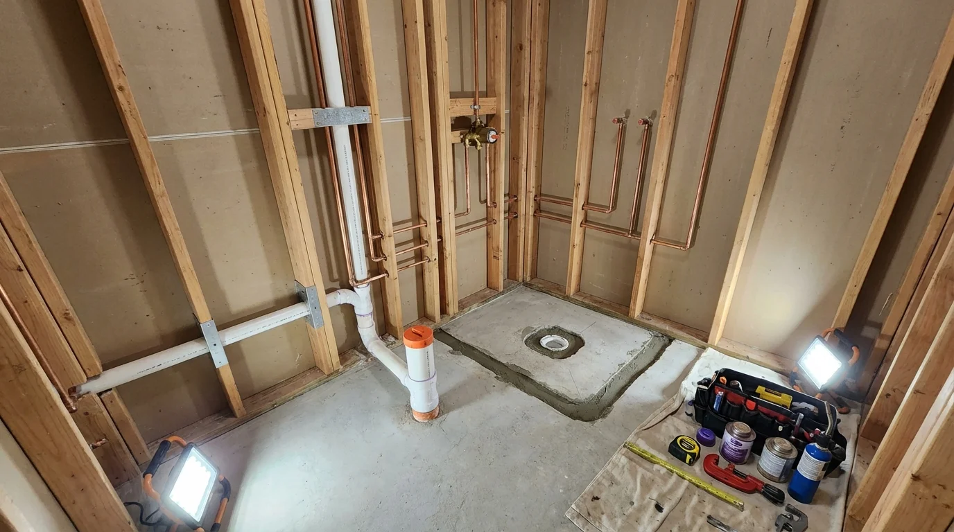 Bathroom rough-in plumbing during remodel by Johns Plumbing LLC in Montour Falls