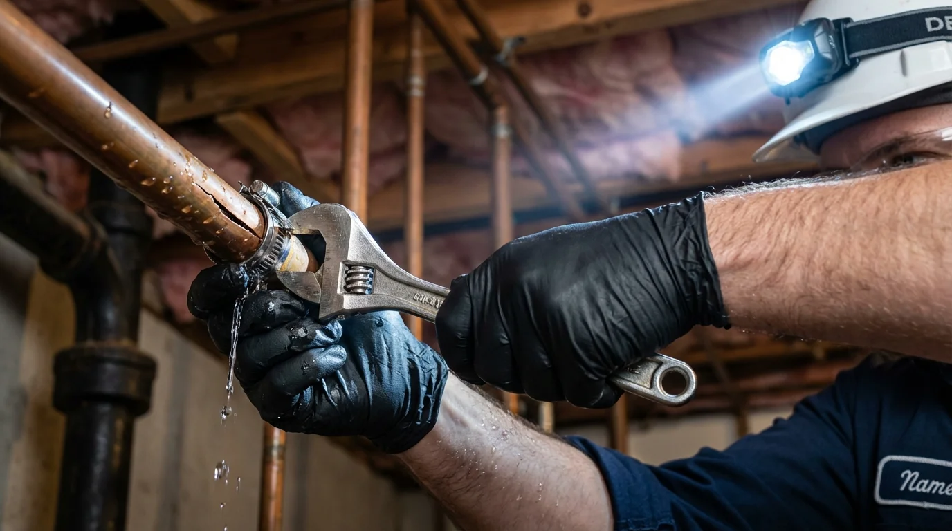 Emergency pipe clamp repair being performed by a Johns Plumbing LLC plumber in Montour Falls