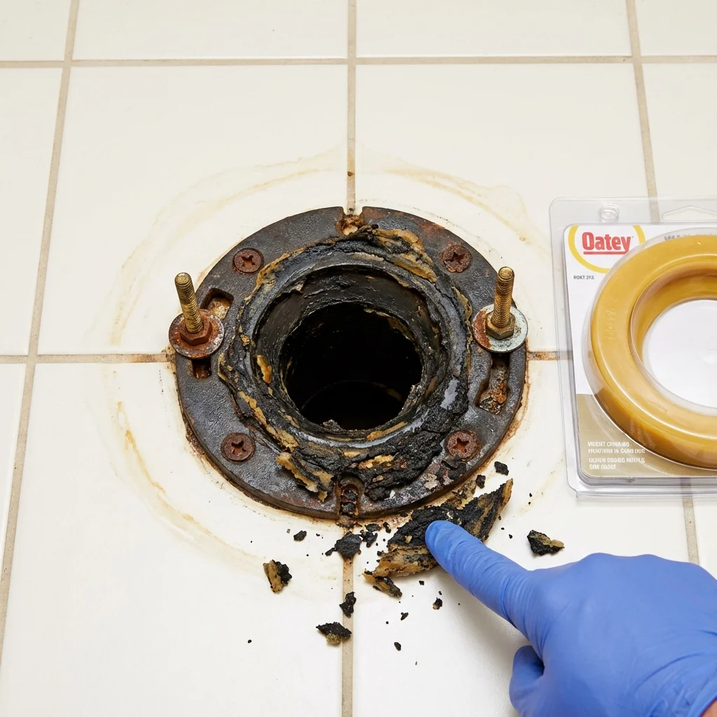 Failed wax ring showing water seepage at the base of a toilet in a Montour Falls, NY home