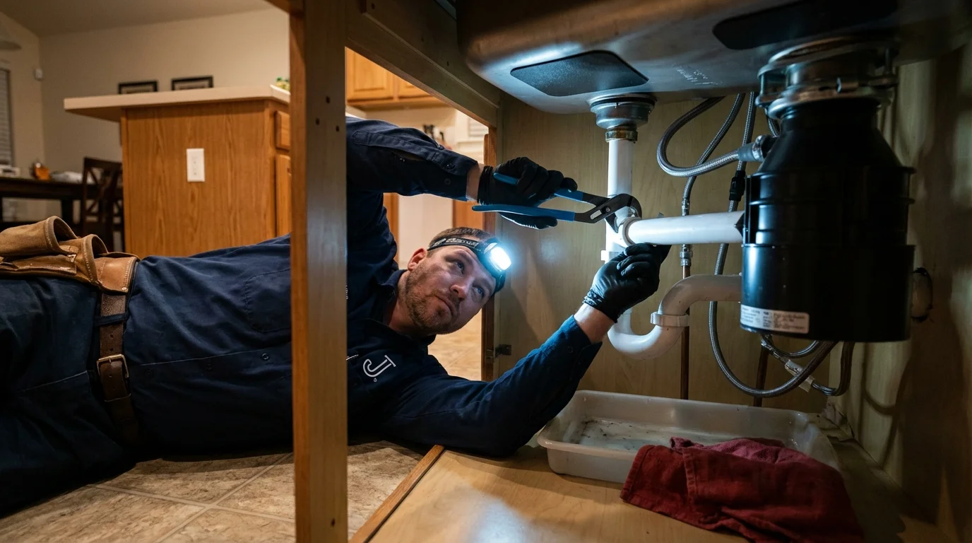 P-trap and supply line connections under a kitchen sink showing a common leak point in Montour Falls, NY